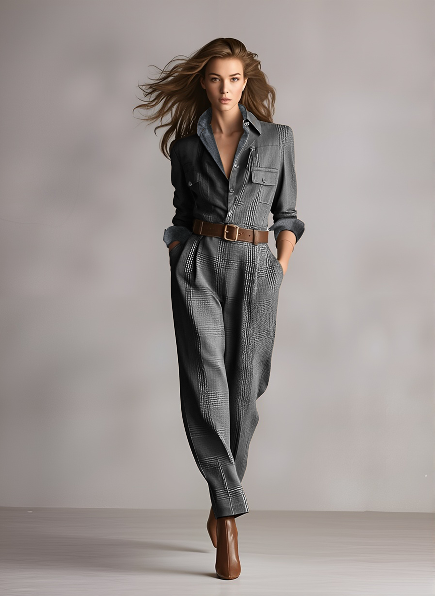 Brown - A woman wearing a tailored, long-sleeve glen plaid jumpsuit in olive and brown tones, featuring a point collar, button-front closure, utility pockets, and pleated tapered trousers cinched with a brown leather belt.