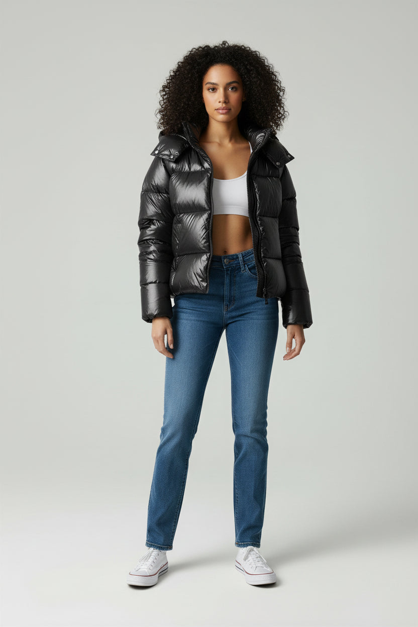 A woman wearing a glossy black hooded puffer jacket, a white crop top, blue high-waisted jeans, and white sneakers against a grey studio background.