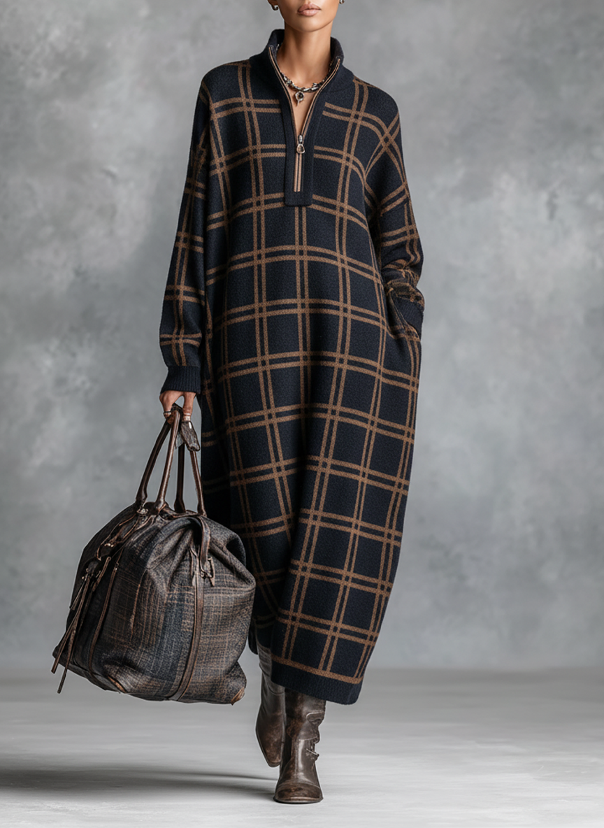 Photo Color - A model wearing a long-sleeved, ankle-length knit maxi dress featuring a dark navy and brown grid plaid pattern, a half-zip funnel neck, and a relaxed silhouette, paired with brown leather boots.