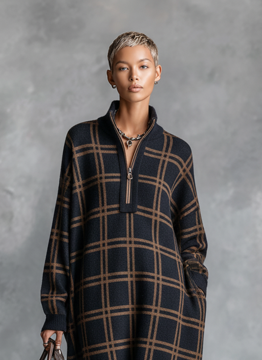 Photo Color - A model wearing a long-sleeved, ankle-length knit maxi dress featuring a dark navy and brown grid plaid pattern, a half-zip funnel neck, and a relaxed silhouette, paired with brown leather boots.
