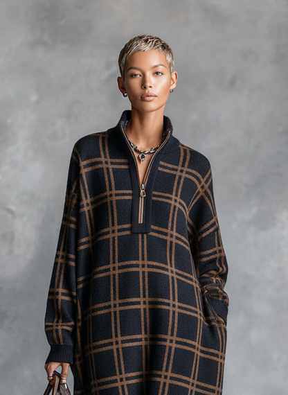 Photo Color - A model wearing a long-sleeved, ankle-length knit maxi dress featuring a dark navy and brown grid plaid pattern, a half-zip funnel neck, and a relaxed silhouette, paired with brown leather boots.