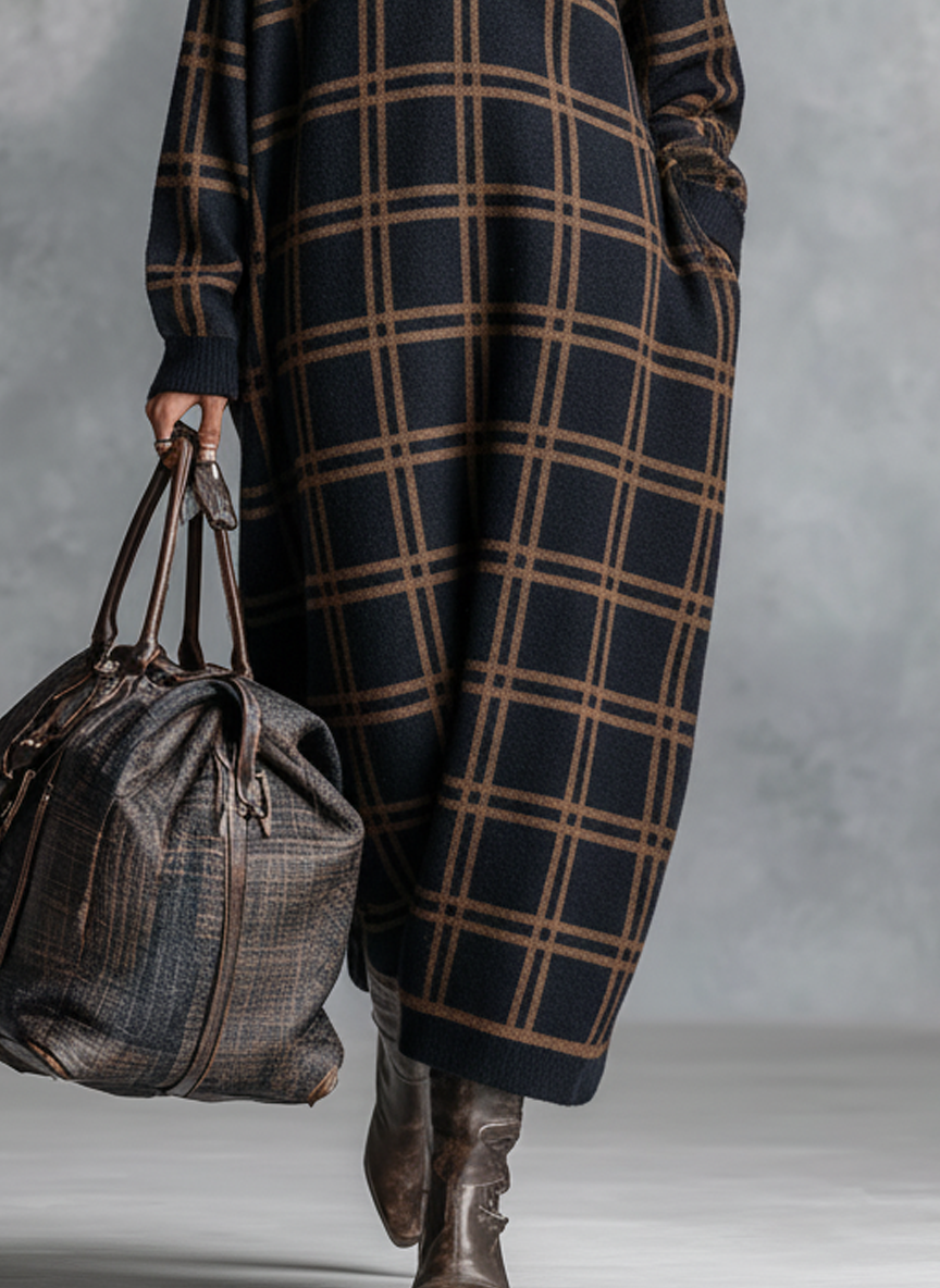 Photo Color - A model wearing a long-sleeved, ankle-length knit maxi dress featuring a dark navy and brown grid plaid pattern, a half-zip funnel neck, and a relaxed silhouette, paired with brown leather boots.