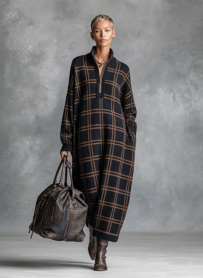 Photo Color - A model wearing a long-sleeved, ankle-length knit maxi dress featuring a dark navy and brown grid plaid pattern, a half-zip funnel neck, and a relaxed silhouette, paired with brown leather boots.