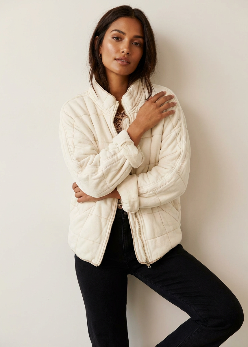 White - A woman wearing a sage green grid-quilted jacket with a high funnel neck and gold-tone zip front, layered over a cream knit sweater and light-wash denim jeans.