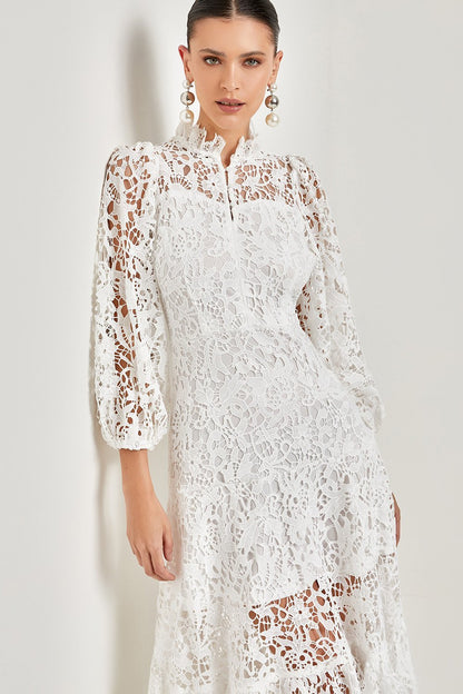 White - A woman models a vibrant green, long-sleeve maxi dress featuring an intricate floral lace overlay, a high neckline, and a tiered skirt, holding a matching green clutch in a greenhouse setting.
