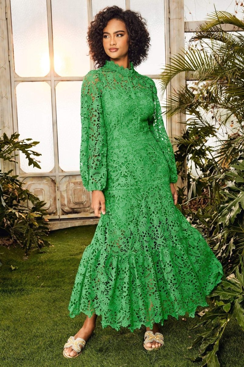 Green - A woman models a vibrant green, long-sleeve maxi dress featuring an intricate floral lace overlay, a high neckline, and a tiered skirt, holding a matching green clutch in a greenhouse setting.