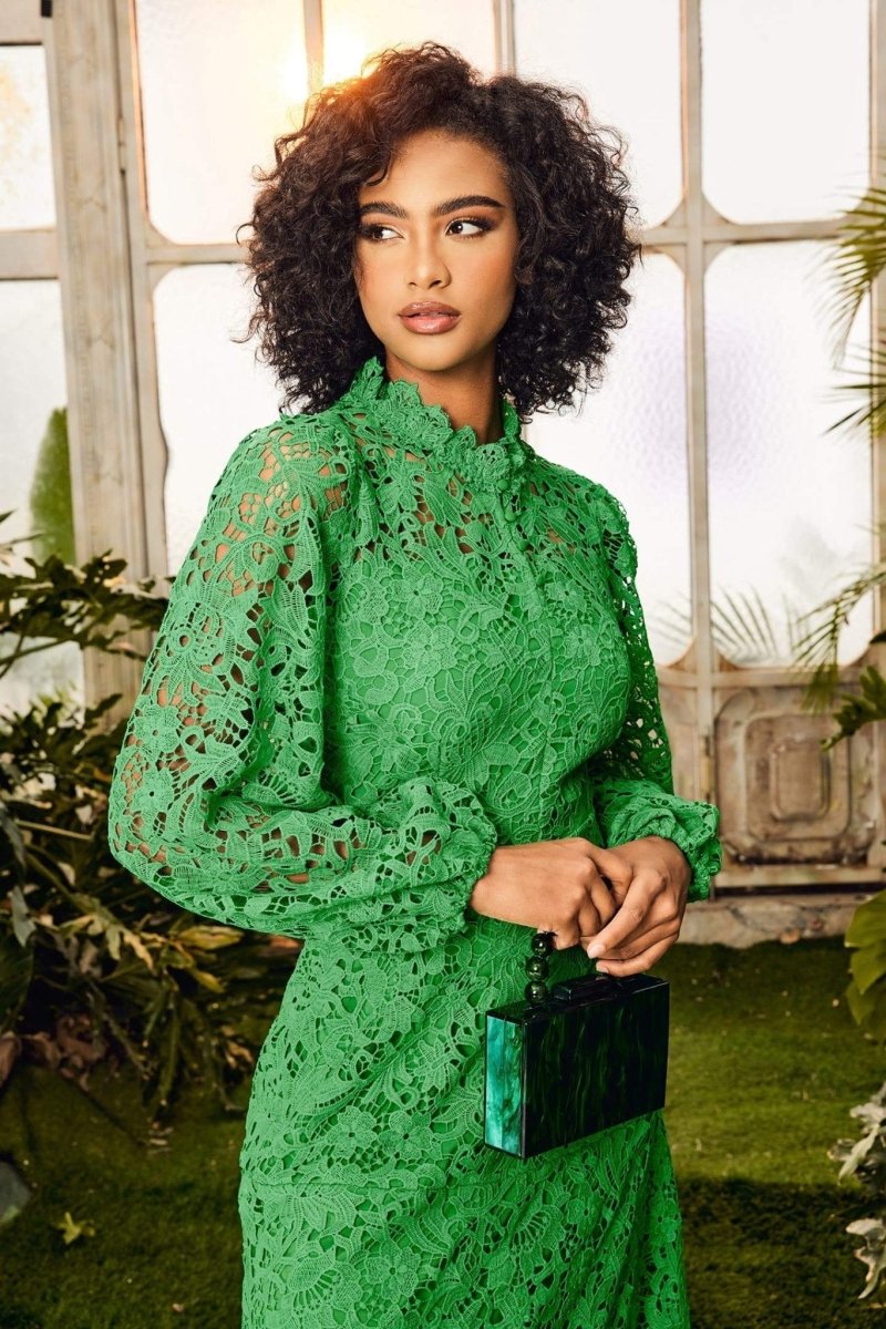 Green - A woman models a vibrant green, long-sleeve maxi dress featuring an intricate floral lace overlay, a high neckline, and a tiered skirt, holding a matching green clutch in a greenhouse setting.