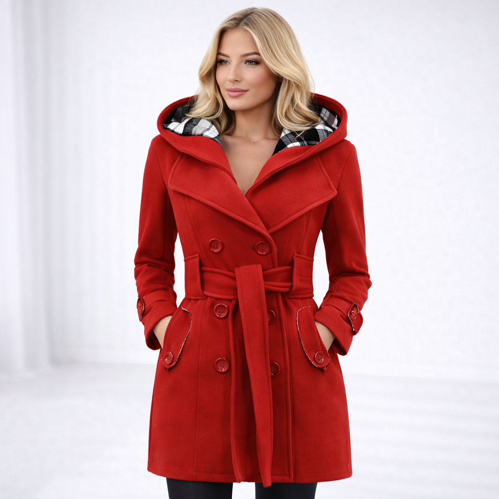 Red - A woman wearing a cream-coloured, mid-length double-breasted trench coat with a hood, a tied waist belt, and black pants.