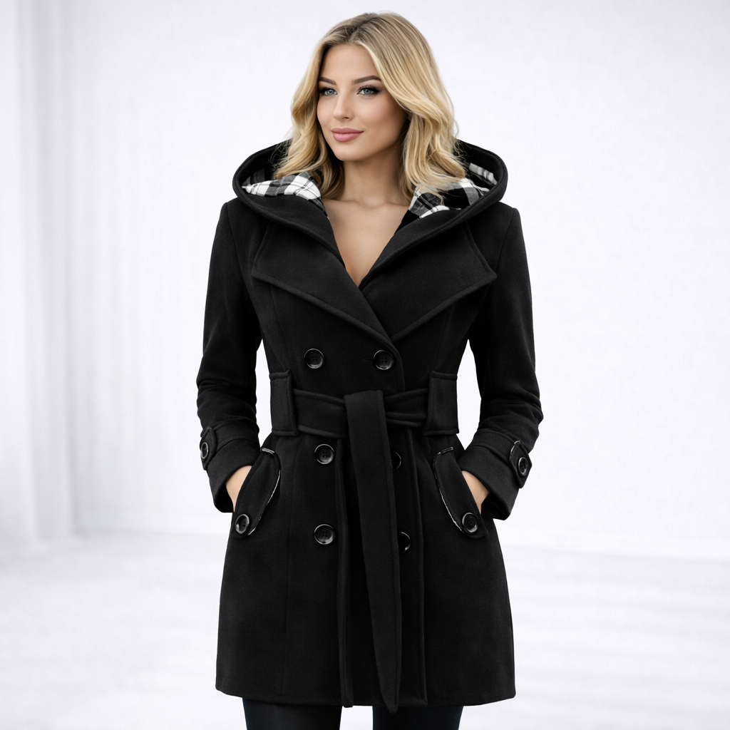 Black - A woman wearing a cream-coloured, mid-length double-breasted trench coat with a hood, a tied waist belt, and black pants.