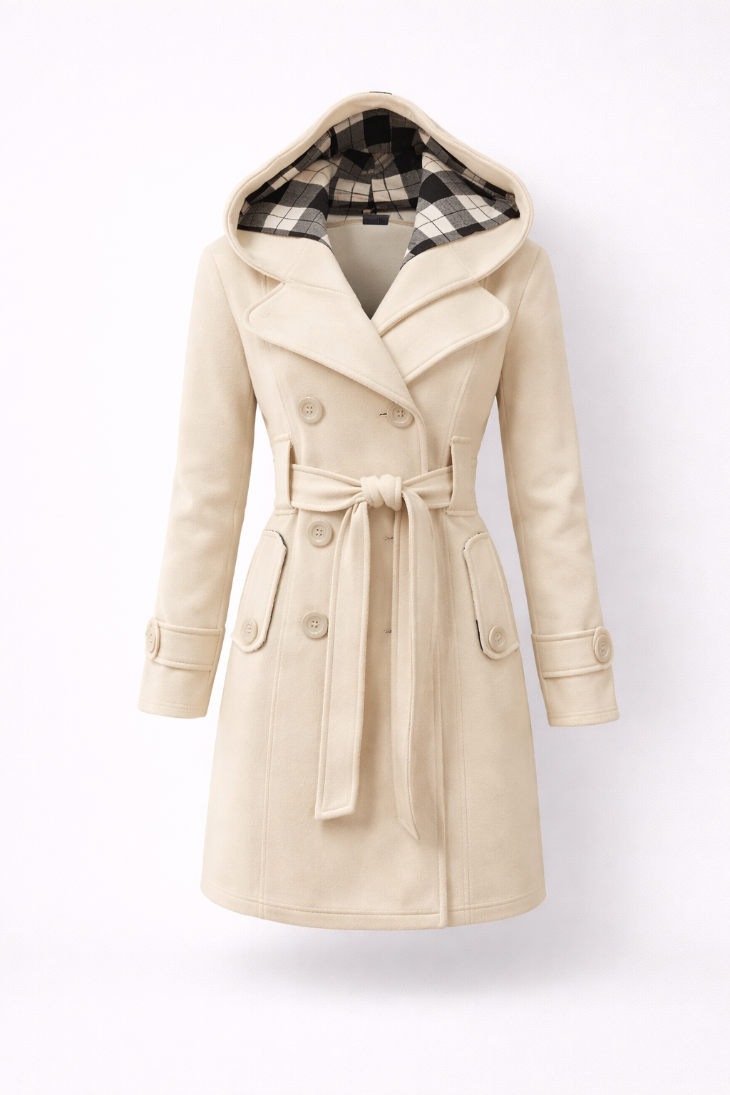 Beige - A woman wearing a cream-coloured, mid-length double-breasted trench coat with a hood, a tied waist belt, and black pants.