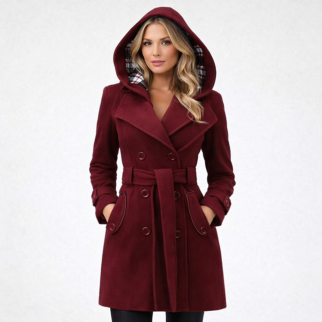 Bordeaux Red - A woman wearing a cream-coloured, mid-length double-breasted trench coat with a hood, a tied waist belt, and black pants.