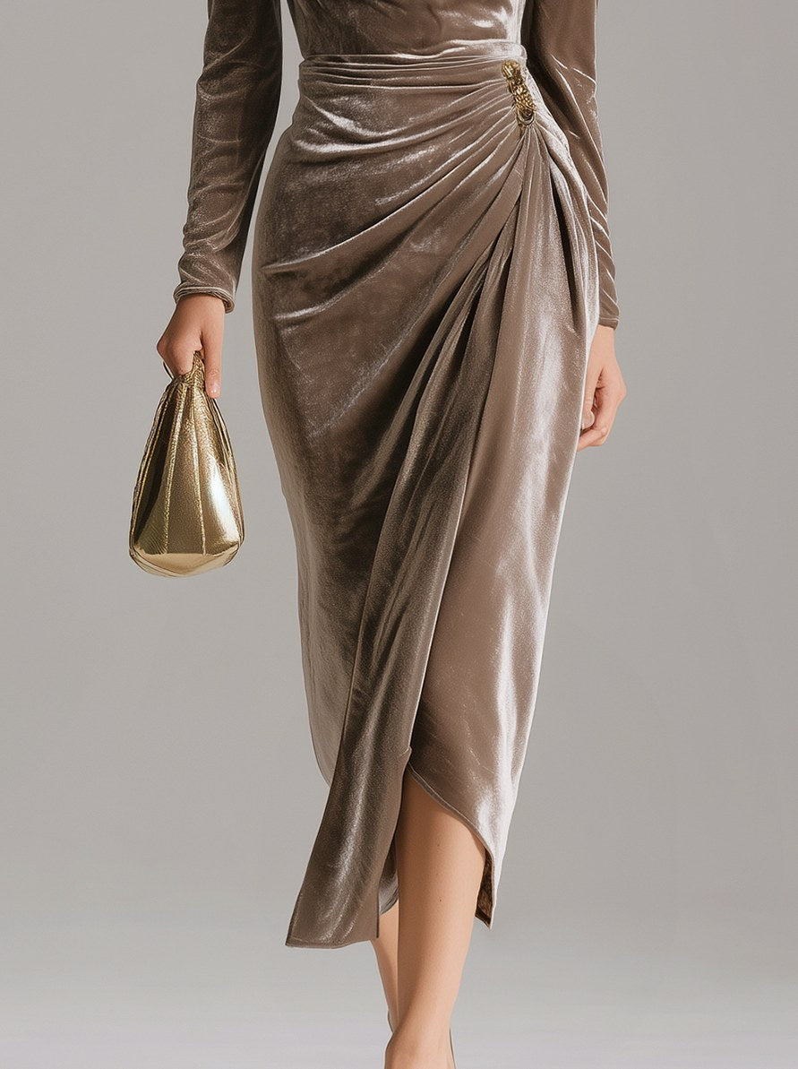 Velvet Ruched Long Sleeve Midi Dress