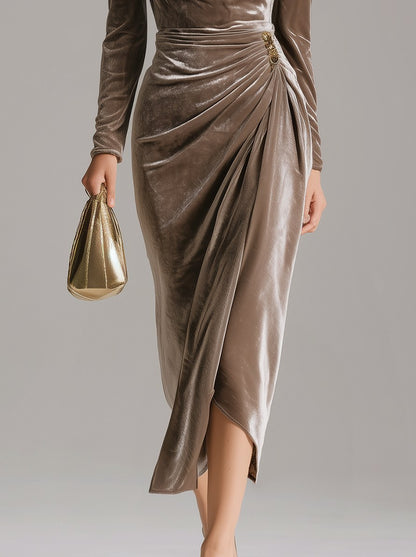 Velvet Ruched Long Sleeve Midi Dress