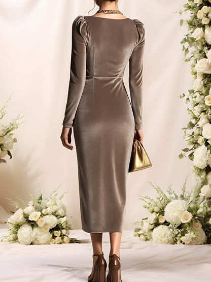 Velvet Draped Long Sleeve Midi Dress