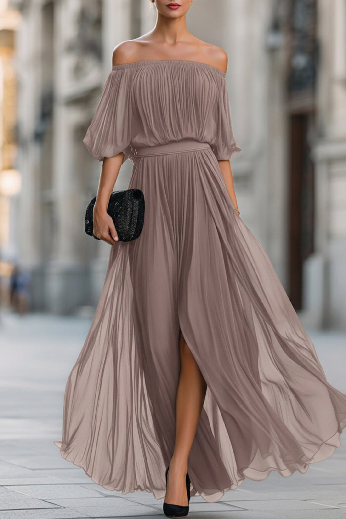 Off Shoulder Pleated Maxi Dress
