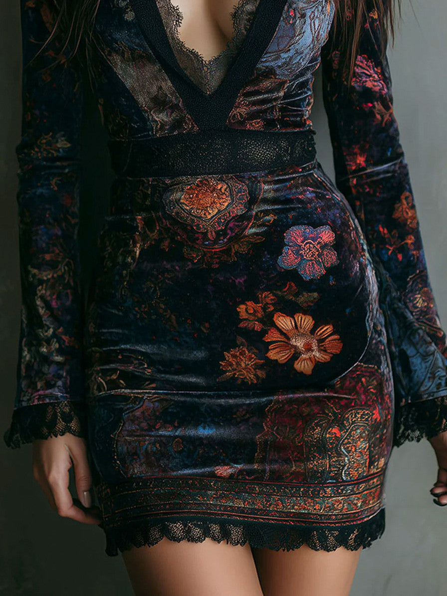 Velvet Floral Lace Trim Mini Dress