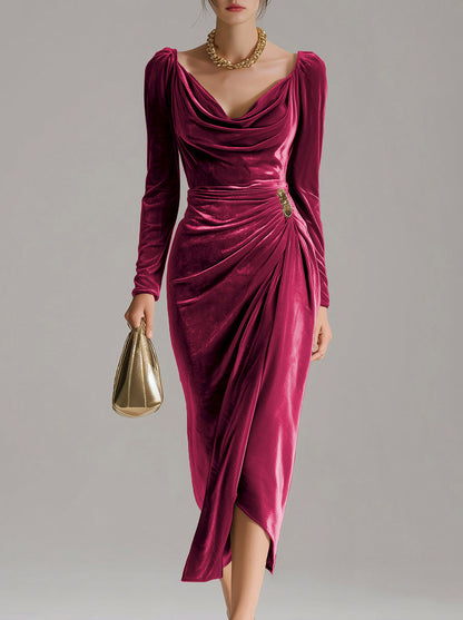 Velvet Ruched Long Sleeve Midi Dress