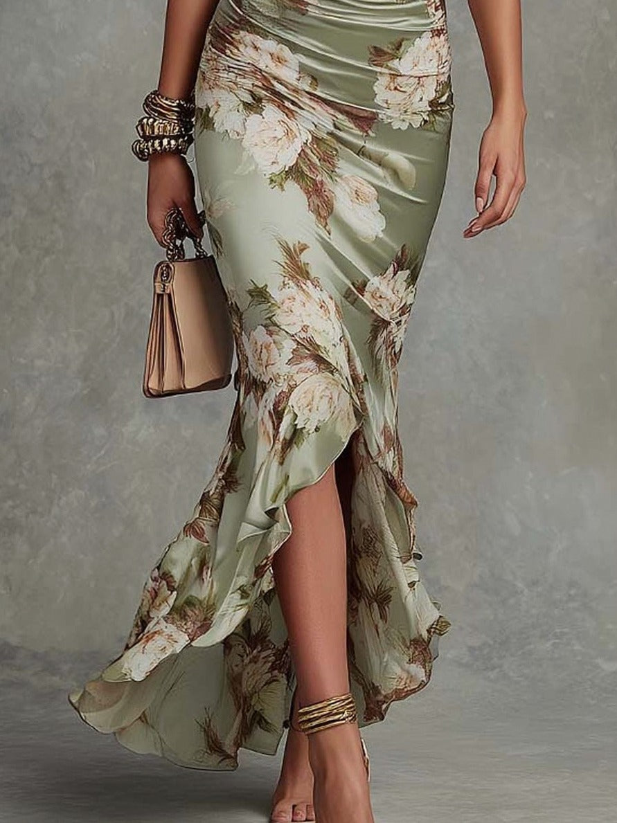 Floral Satin Ruched Maxi Dress