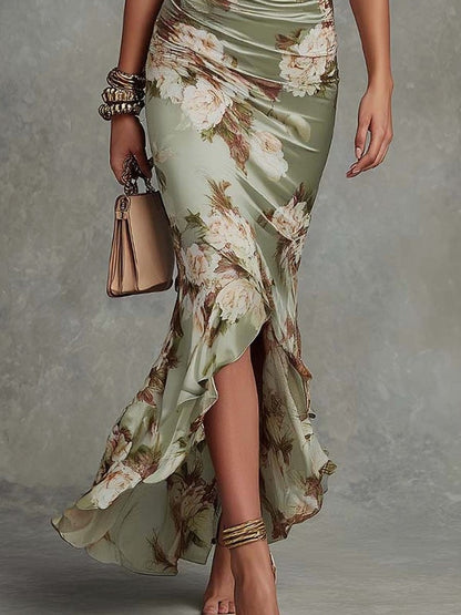 Floral Satin Ruched Maxi Dress