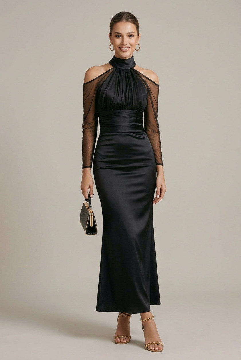 Satin Ruched Cutout Maxi Dress