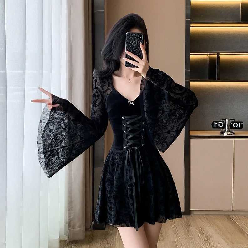 Velvet Damask Flared Sleeve Mini Dress