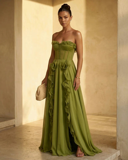 Corset Strapless Ruffle Maxi Dress