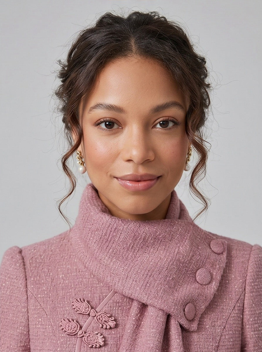 Pink Scarf Neck Long Sleeve  Midi Dress