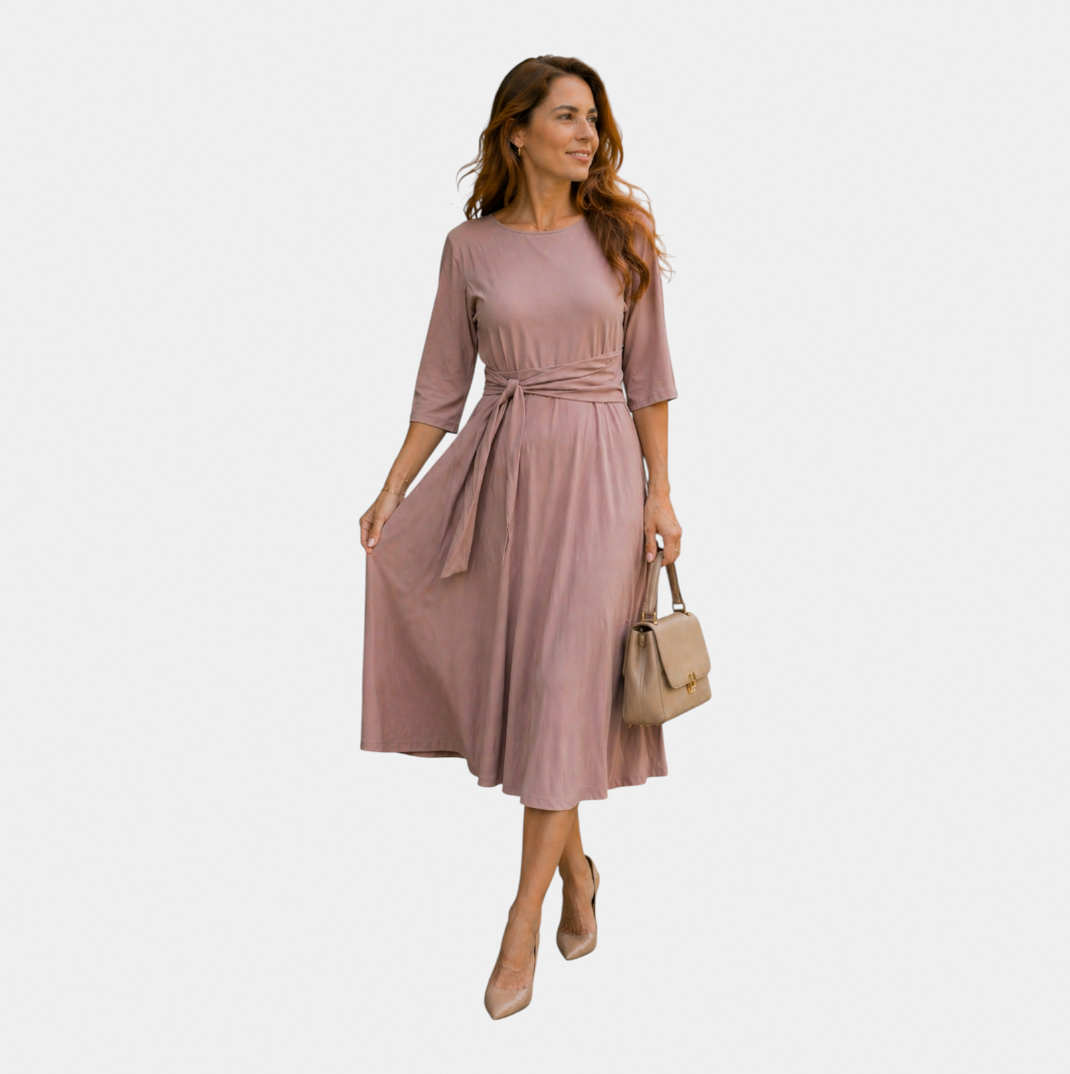 Belted 3/4 Sleeve Midi Dress