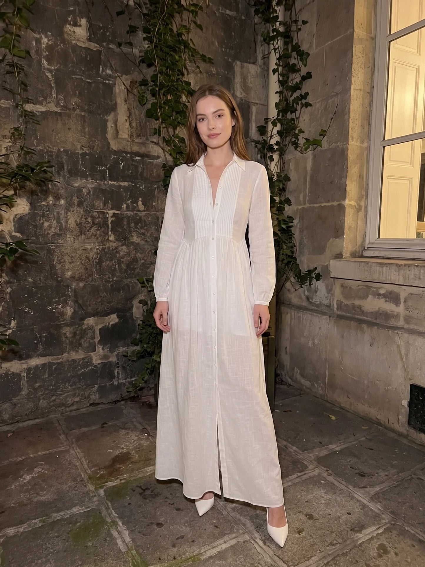 Pleated Long Sleeve Maxi Shirt Dress