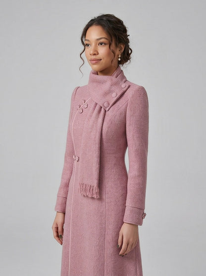 Pink Scarf Neck Long Sleeve  Midi Dress