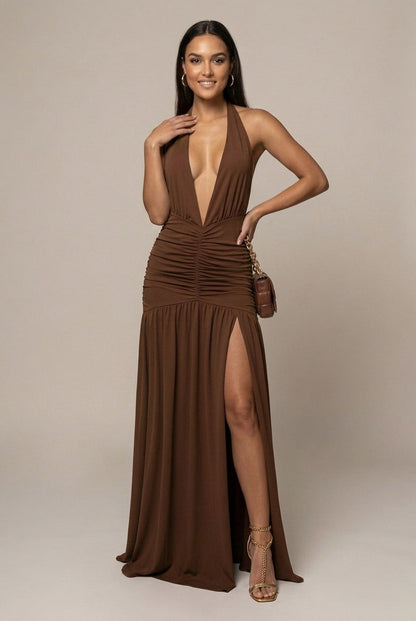 Halter Ruched Maxi Dress