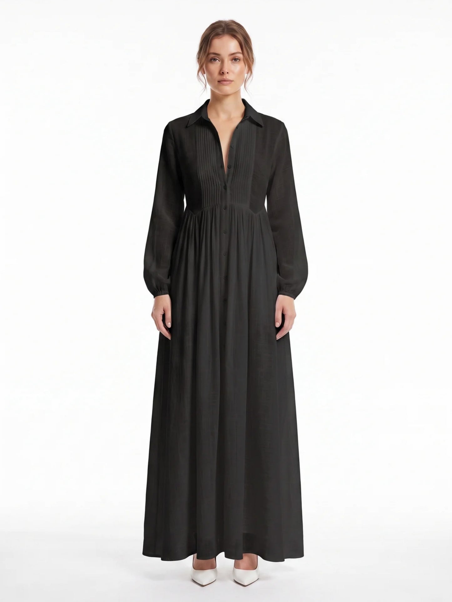 Pleated Long Sleeve Maxi Shirt Dress