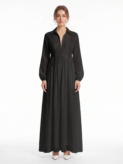 Pleated Long Sleeve Maxi Shirt Dress