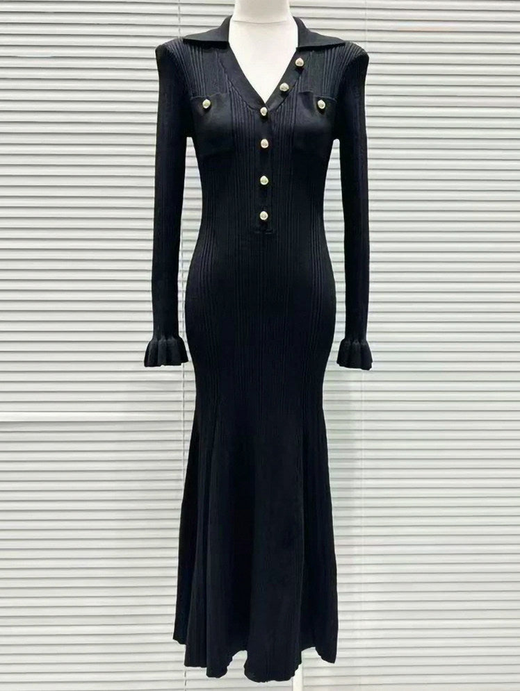 Ribbed Knit Button Front Midi Dress