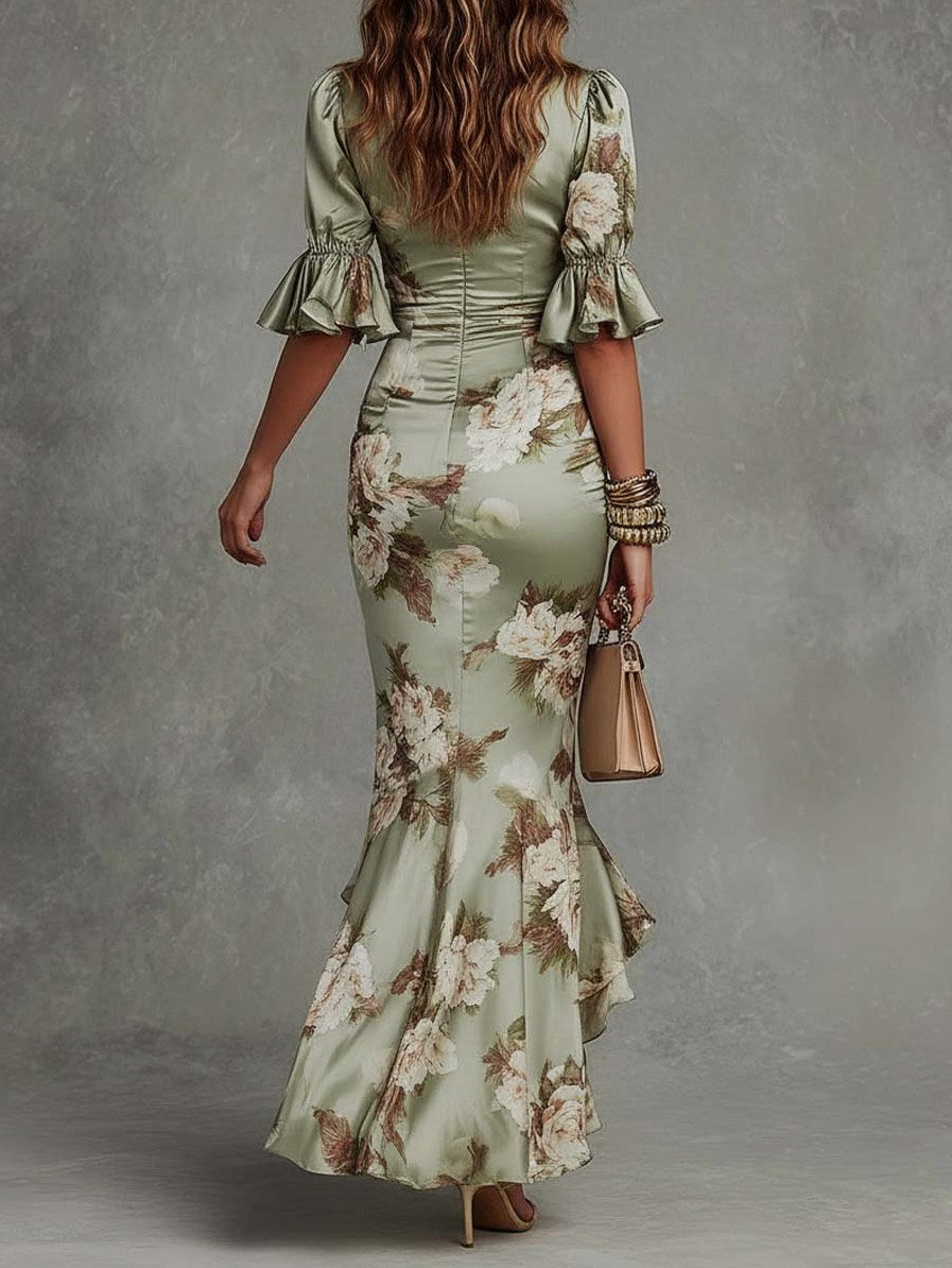 Floral Satin Ruched Maxi Dress