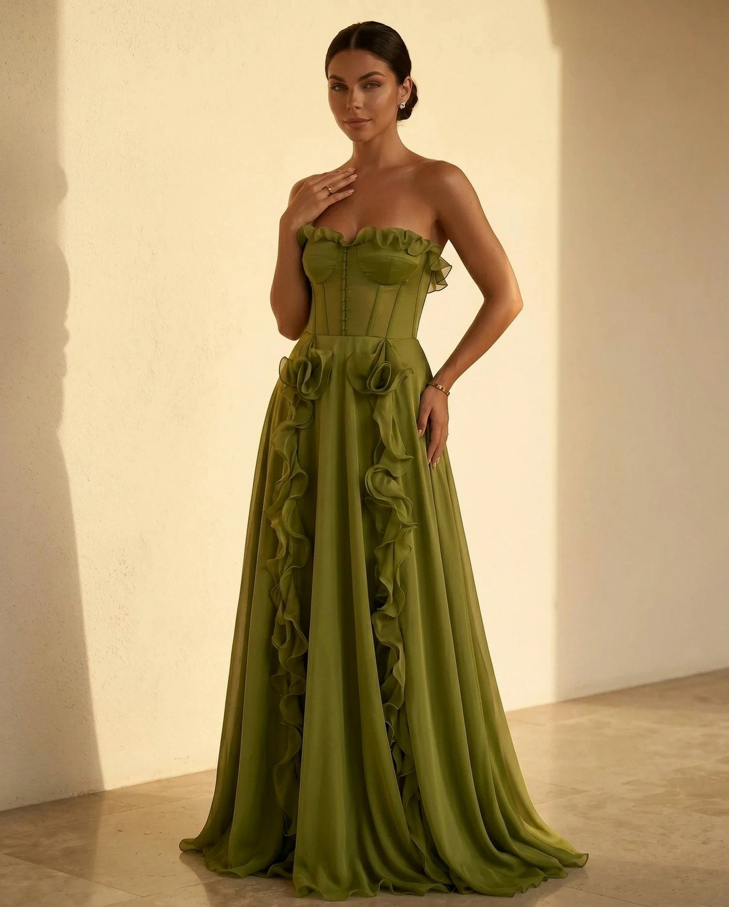 Corset Strapless Ruffle Maxi Dress