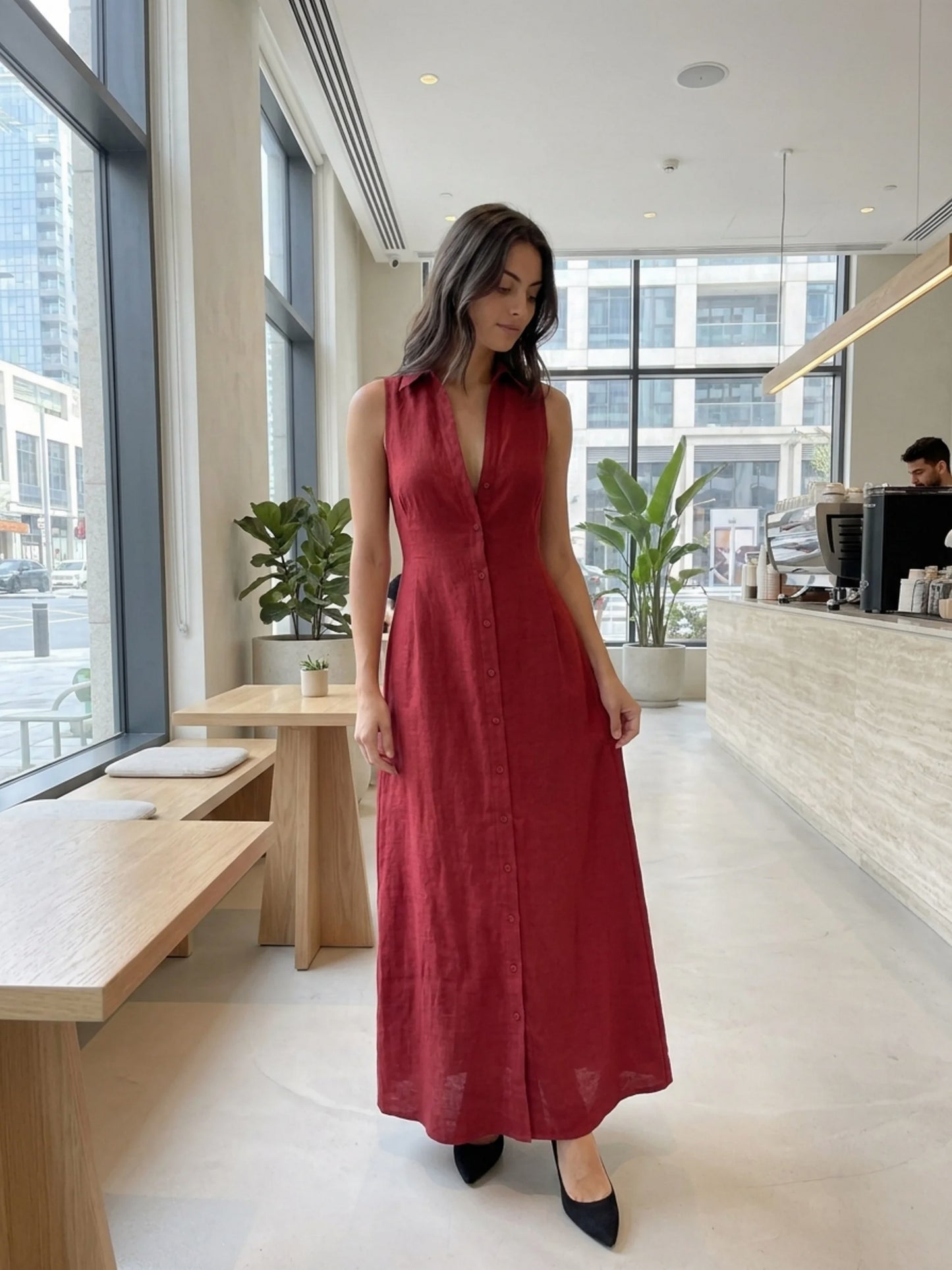 Sleeveless Button Front Maxi Dress