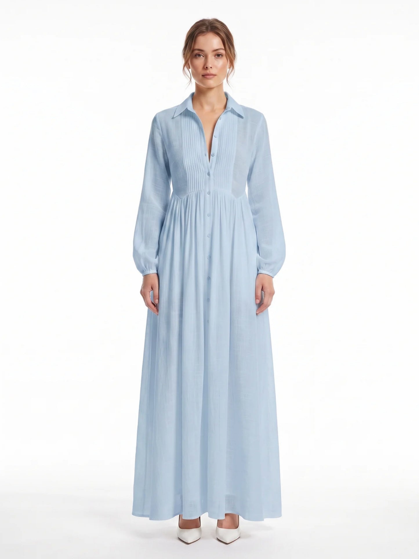 Pleated Long Sleeve Maxi Shirt Dress
