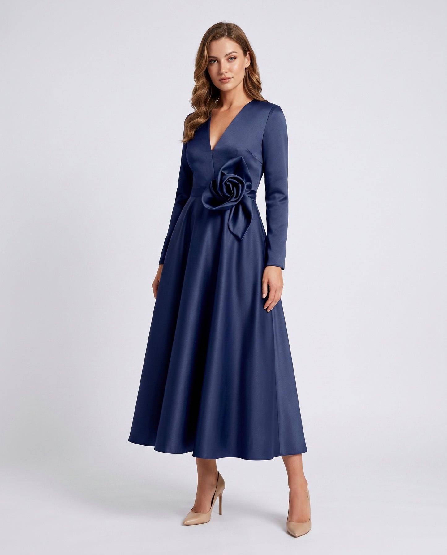 Satin Long Sleeve Midi Dress