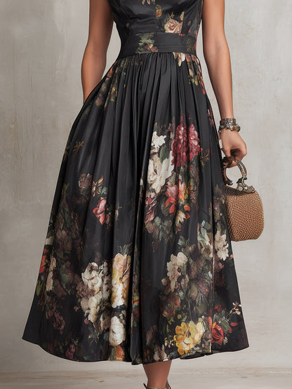 Satin Floral High Neck Midi Dress