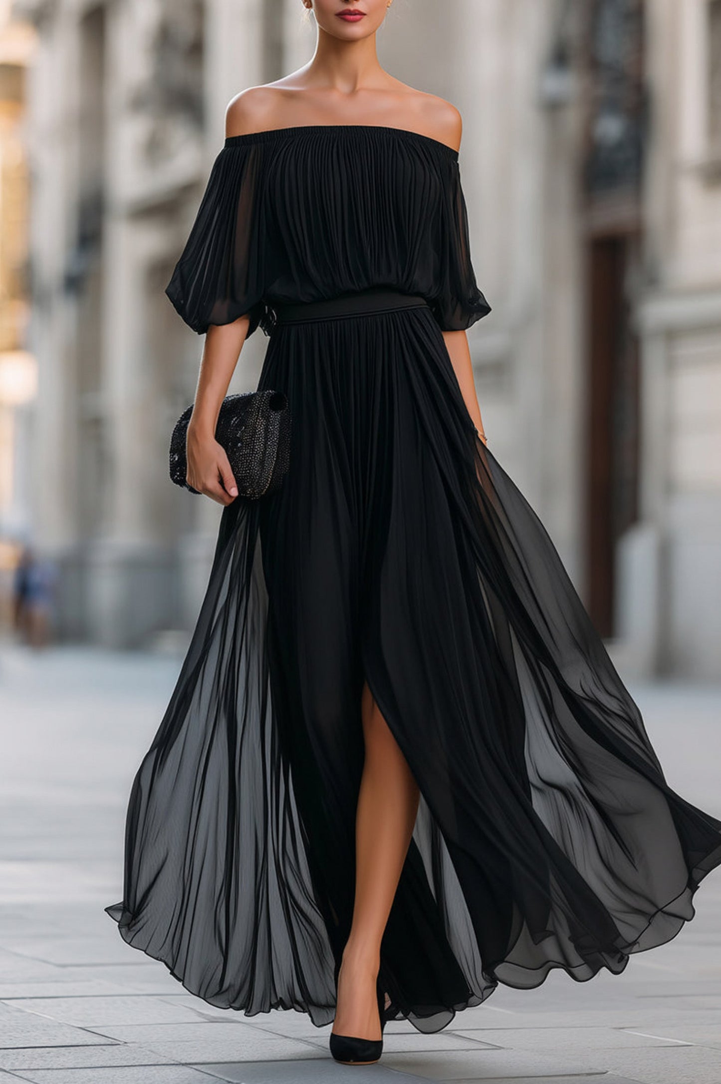Off Shoulder Pleated Maxi Dress