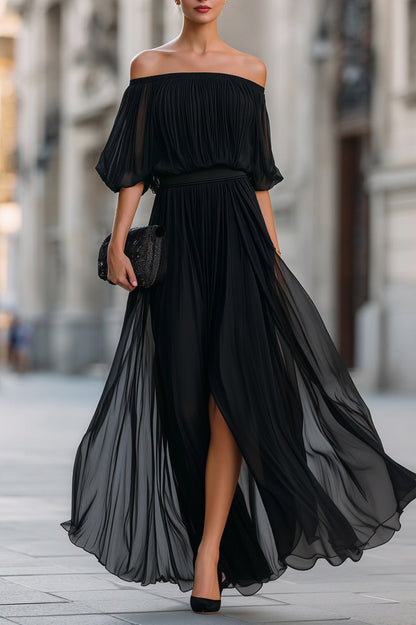 Off Shoulder Pleated Maxi Dress