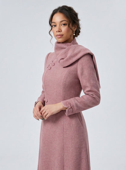 Pink Scarf Neck Long Sleeve  Midi Dress