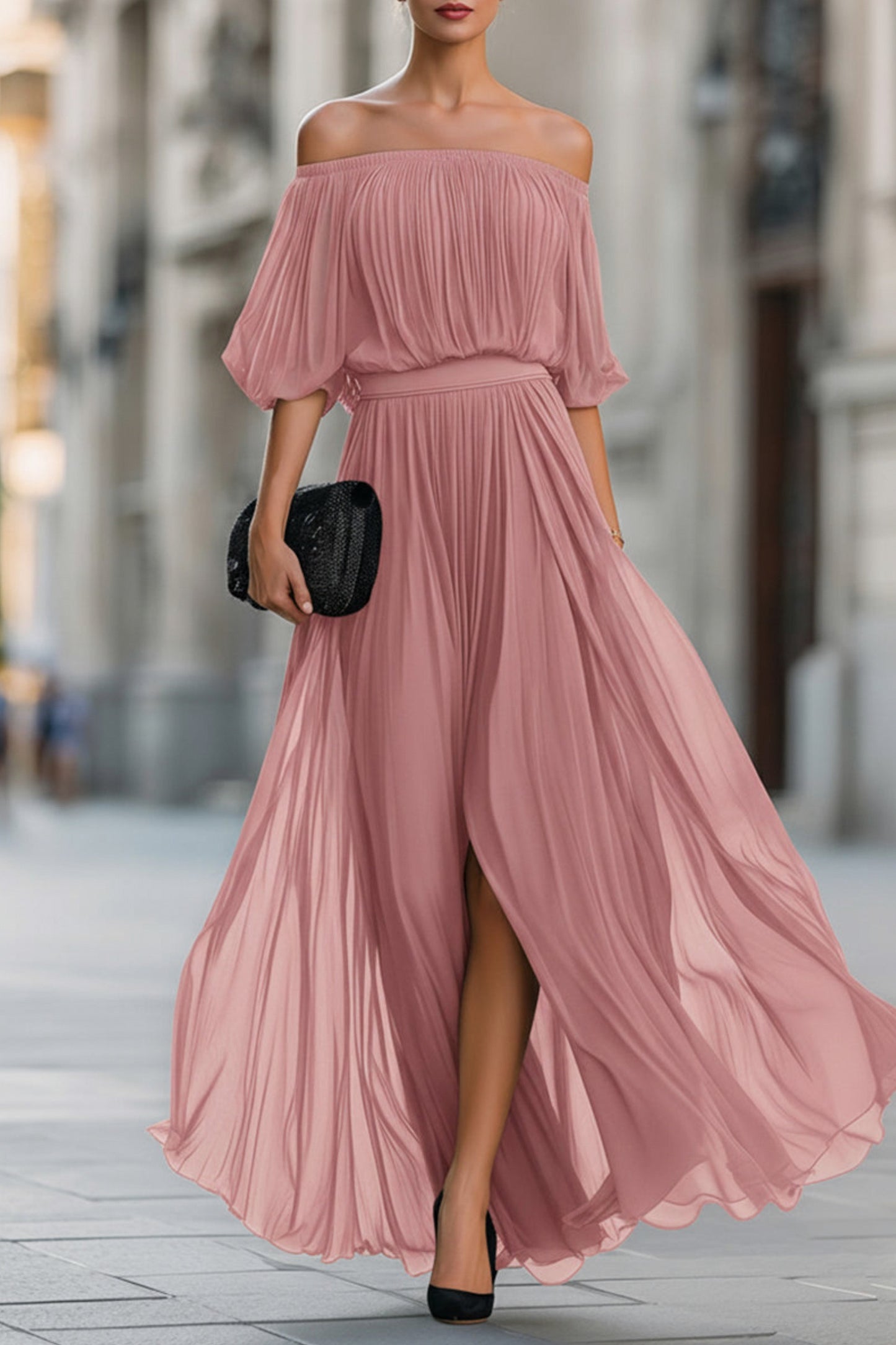 Off Shoulder Pleated Maxi Dress