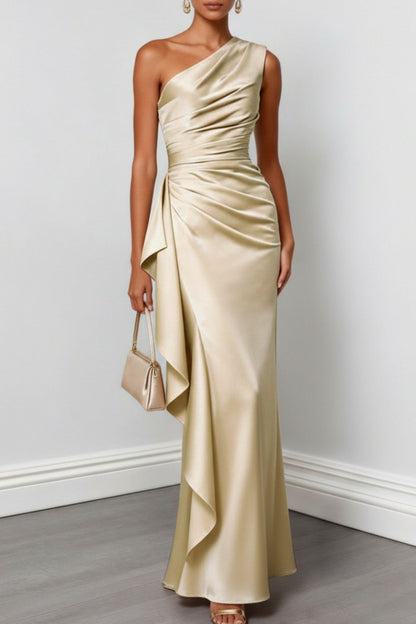 Satin One Shoulder Ruched Gown