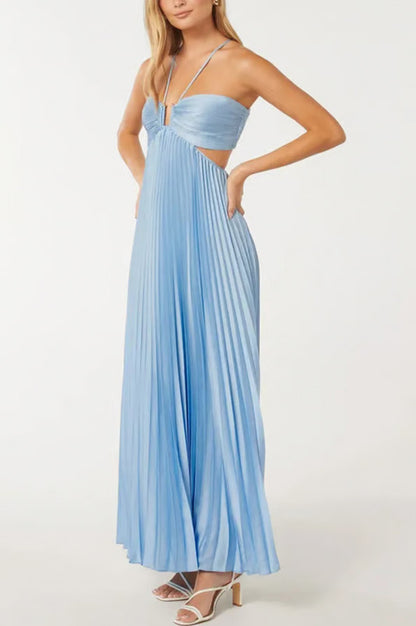 Pleated Halter Cutout Maxi Dress