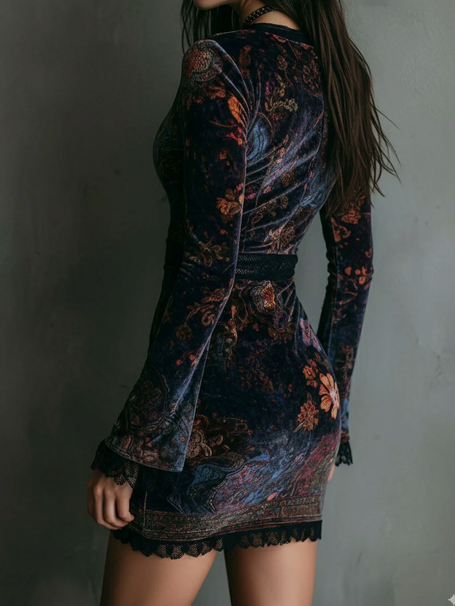 Velvet Floral Lace Trim Mini Dress