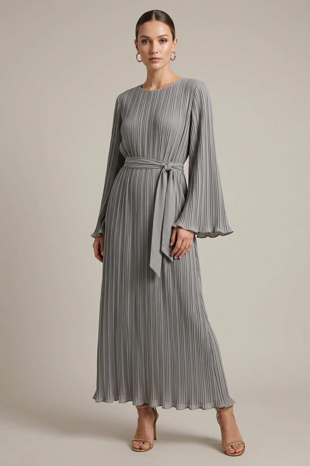 Pleated Belted Long Sleeve Dress