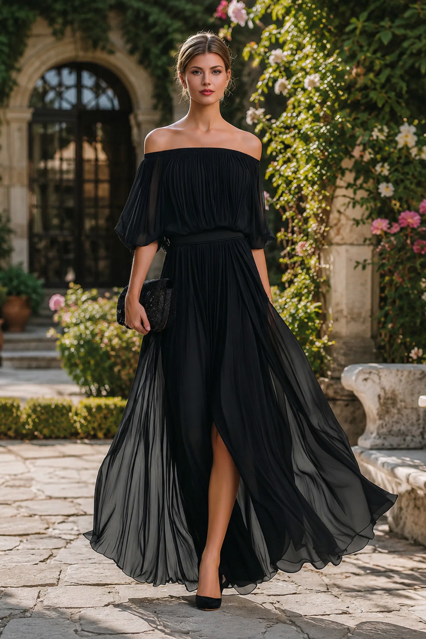 Off Shoulder Pleated Maxi Dress