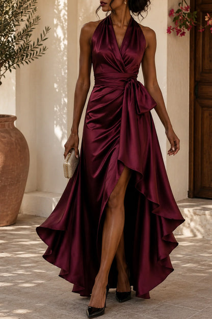 Satin Halter Wrap Maxi Dress